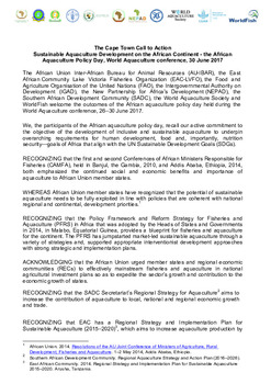 The Cape Town Call to Action: Sustainable aquaculture development on the African continent - the African Aquaculture Policy Day, World Aquaculture Conference, 30 June 2017 The Cape Town Call to Action: Sustainable aquaculture development on the African continent - the African Aquaculture Policy Day, World Aquaculture Conference, 30 June 2017