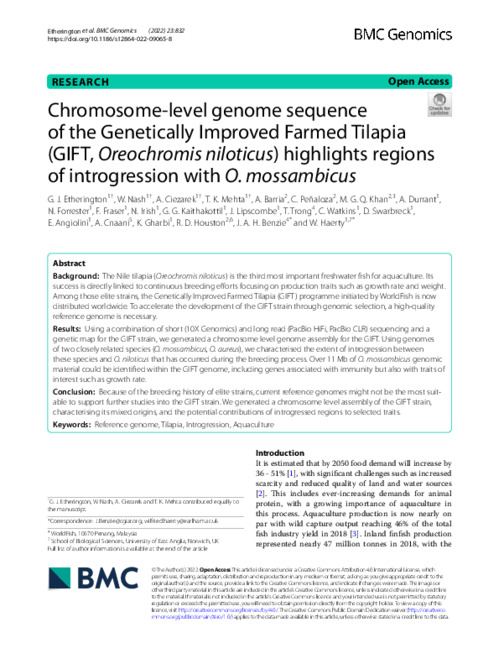 Chromosome‑level genome sequence of the Genetically Improved Farmed Tilapia (GIFT, Oreochromis niloticus) highlights regions of introgression with O. mossambicus Chromosome‑level genome sequence of the Genetically Improved Farmed Tilapia (GIFT, Oreochromis niloticus) highlights regions of introgression with O. mossambicus