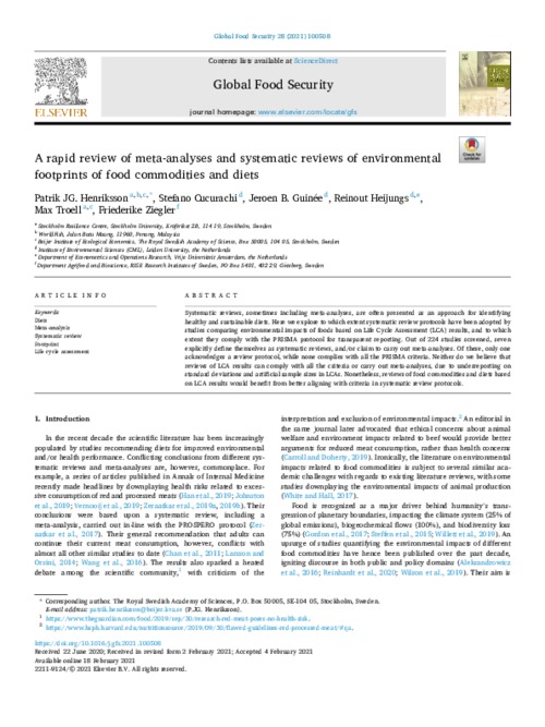 A rapid review of meta-analyses and systematic reviews of environmental footprints of food commodities and diets