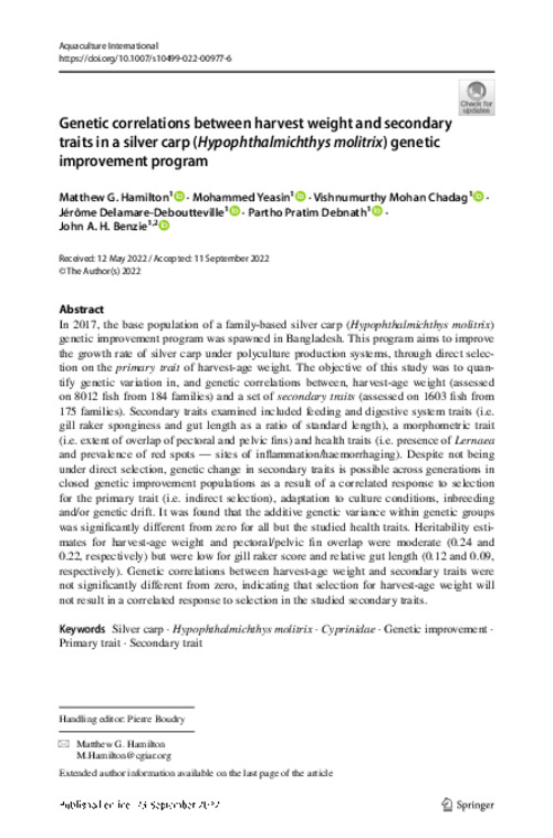 Genetic correlations between harvest weight and secondary traits in a silver carp (Hypophthalmichthys molitrix) genetic improvement program Genetic correlations between harvest weight and secondary traits in a silver carp (Hypophthalmichthys molitrix) genetic improvement program