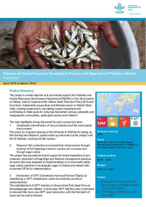Fisheries and Animal Resources Development (Program with Department of Fisheries, Odisha): Project brief April 2019 to March 2020 Fisheries and Animal Resources Development (Program with Department of Fisheries, Odisha): Project brief April 2019 to March 2020
