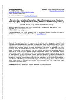 Experimental evaluation of co-culture of juvenile sea cucumbers, Holothuria scabra (Jaeger), with juvenile blue shrimp, Litopenaeus stylirostris (Stimpson). Experimental evaluation of co-culture of juvenile sea cucumbers, Holothuria scabra (Jaeger), with juvenile blue shrimp, Litopenaeus stylirostris (Stimpson).