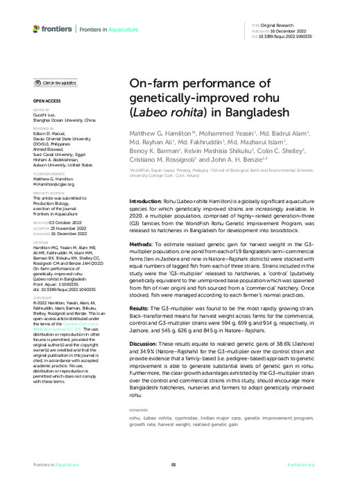 On-farm performance of genetically-improved rohu (Labeo rohita) in Bangladesh On-farm performance of genetically-improved rohu (Labeo rohita) in Bangladesh