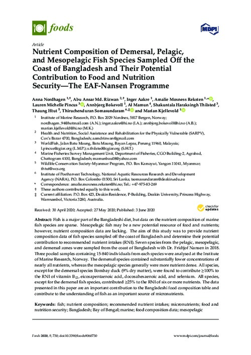 Nutrient composition of demersal, pelagic, and mesopelagic fish species sampled off the coast of Bangladesh and their potential contribution to food and nutrition security - The EAF Nansen Programme Nutrient composition of demersal, pelagic, and mesopelagic fish species sampled off the coast of Bangladesh and their potential contribution to food and nutrition security - The EAF Nansen Programme