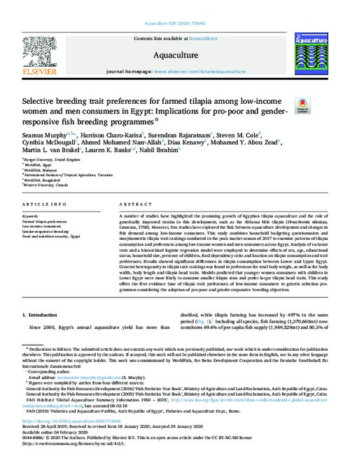 Selective breeding trait preferences for farmed tilapia among low-income women and men consumers in Egypt; Implications for pro-poor and gender-responsive fish breeding programmes Selective breeding trait preferences for farmed tilapia among low-income women and men consumers in Egypt; Implications for pro-poor and gender-responsive fish breeding programmes