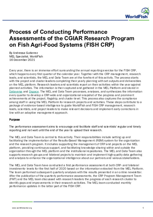 Process of Conducting Performance Assessments of the CGIAR Research Program on Fish Agri-Food Systems (FISH CRP)