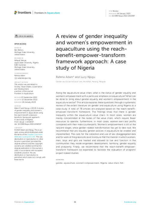A review of gender inequality and women’s empowerment in aquaculture using the reach-benefit-empower-transform framework approach: A case study of Nigeria A review of gender inequality and women’s empowerment in aquaculture using the reach-benefit-empower-transform framework approach: A case study of Nigeria