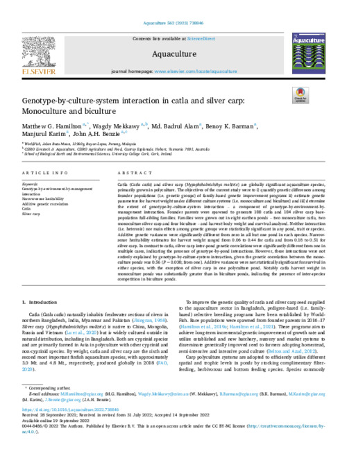 Genotype-by-culture-system interaction in catla and silver carp: Monoculture and biculture