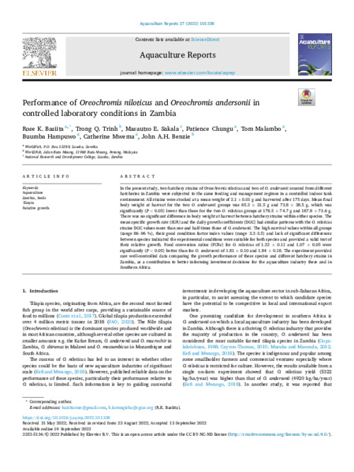 Performance of Oreochromis niloticus and Oreochromis andersonii in controlled laboratory conditions in Zambia Performance of Oreochromis niloticus and Oreochromis andersonii in controlled laboratory conditions in Zambia