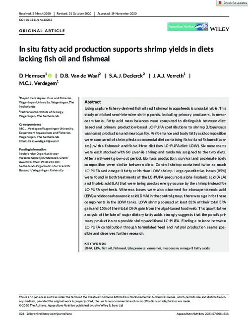 In situ fatty acid production supports shrimp yields in diets lacking fish oil and fishmeal In situ fatty acid production supports shrimp yields in diets lacking fish oil and fishmeal