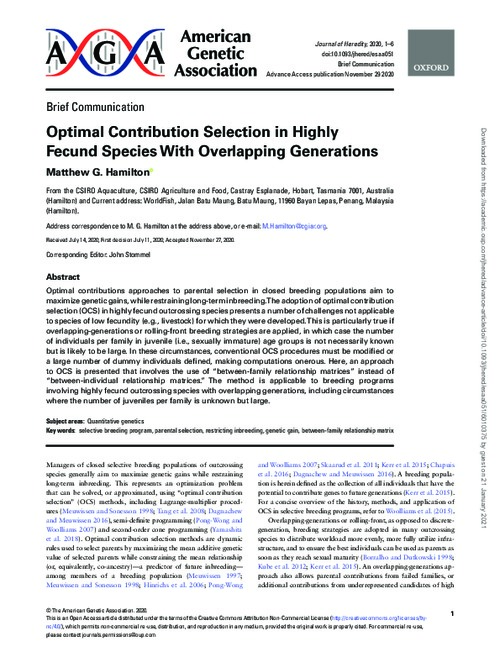 Optimal contribution selection in highly fecund species with overlapping generations