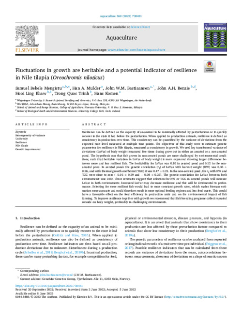 Fluctuations in growth are heritable and a potential indicator of resilience in Nile tilapia (Oreochromis niloticus) Fluctuations in growth are heritable and a potential indicator of resilience in Nile tilapia (Oreochromis niloticus)