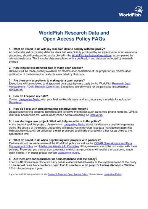 WorldFish Research Data and Open Access Policy FAQs WorldFish Research Data and Open Access Policy FAQs