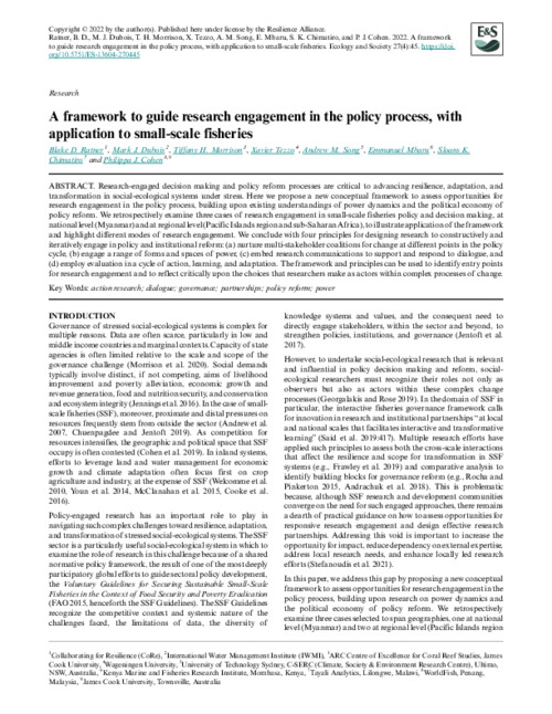 A framework to guide research engagement in the policy process, with application to small-scale fisheries A framework to guide research engagement in the policy process, with application to small-scale fisheries