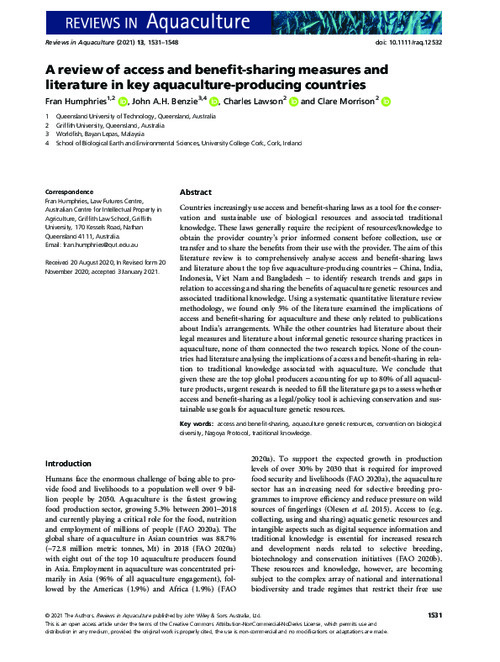 A review of access and benefit-sharing measures and literature in key aquaculture-producing countries