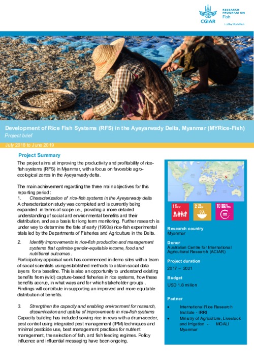 Development of Rice Fish Systems (RFS) in the Ayeyarwady Delta, Myanmar (MYRice-Fish): Project brief July 2018 to June 2019 Development of Rice Fish Systems (RFS) in the Ayeyarwady Delta, Myanmar (MYRice-Fish): Project brief July 2018 to June 2019