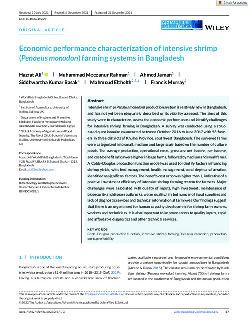 Economic performance characterization of intensive shrimp (Penaeus monodon) farming systems in Bangladesh Economic performance characterization of intensive shrimp (Penaeus monodon) farming systems in Bangladesh