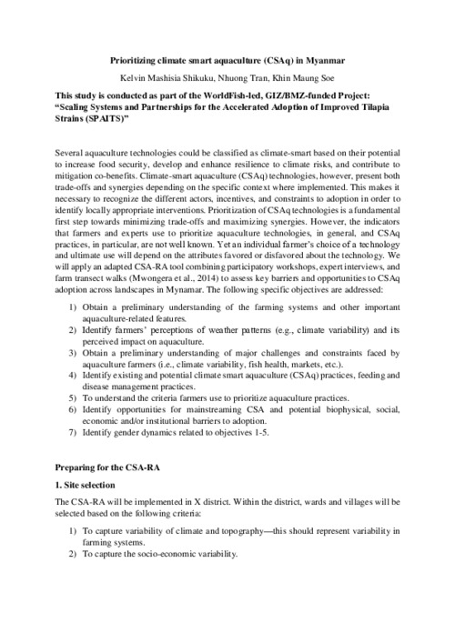 A step-by-step practical guide for participatory prioritization of climate smart aquaculture in Myanmar A step-by-step practical guide for participatory prioritization of climate smart aquaculture in Myanmar
