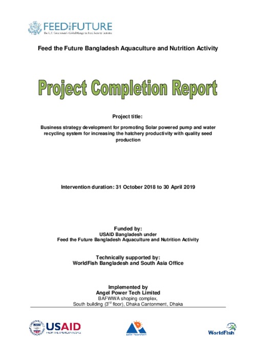 Business strategy development for promoting Solar powered pump and water recycling system for increasing the hatchery productivity with quality seed production Business strategy development for promoting Solar powered pump and water recycling system for increasing the hatchery productivity with quality seed production