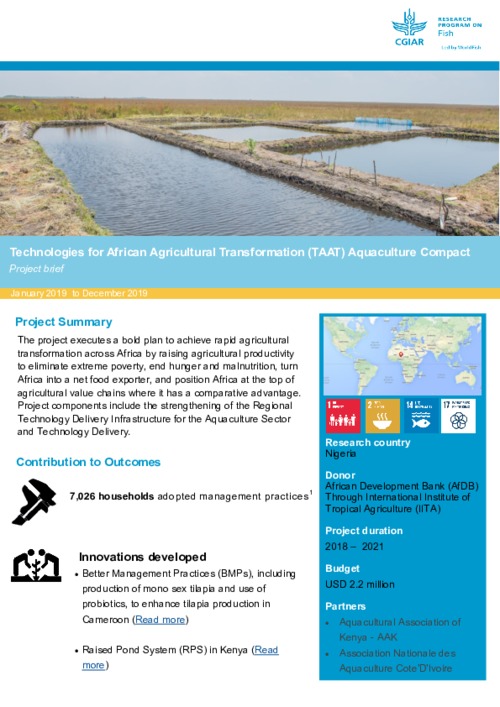 Technologies for African Agricultural Transformation (TAAT) Aquaculture Compact. Project brief January 2019 to December 2019 Technologies for African Agricultural Transformation (TAAT) Aquaculture Compact. Project brief January 2019 to December 2019