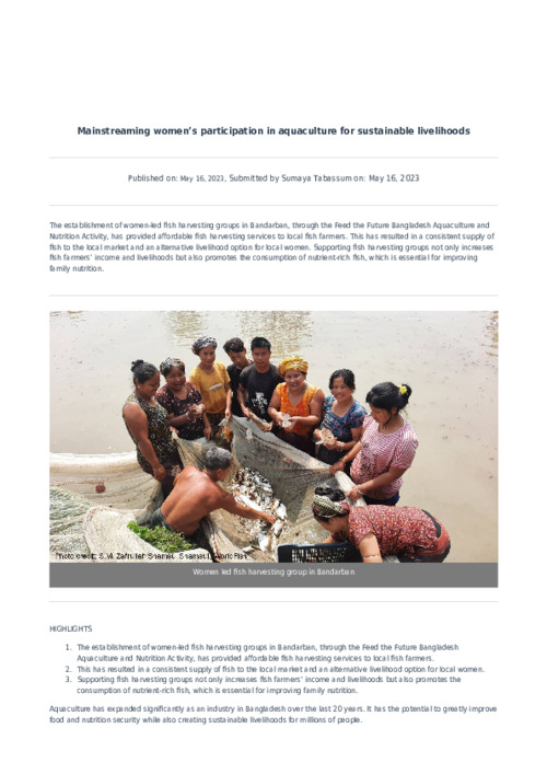 Mainstreaming women’s participation in aquaculture for sustainable livelihoods Mainstreaming women’s participation in aquaculture for sustainable livelihoods