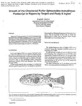 Growth of the checkered puffer Sphoeroides testudineus: postscript to papers by Target and Pauly Ingles Growth of the checkered puffer Sphoeroides testudineus: postscript to papers by Target and Pauly Ingles