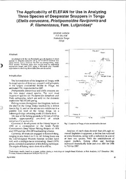 The applicability of ELEFAN for use in analyzing three species of deepwater snappers in Tonga (Etelis coruscans, Pristipomoides flavipinnis and P. filamentosus, Fam. Lutjanidae) The applicability of ELEFAN for use in analyzing three species of deepwater snappers in Tonga (Etelis coruscans, Pristipomoides flavipinnis and P. filamentosus, Fam. Lutjanidae)