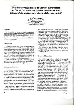 Preliminary estimates of growth parameters for three commercial bivalve species of Peru (Gari solida, Anlacomya ater and Semele solida) Preliminary estimates of growth parameters for three commercial bivalve species of Peru (Gari solida, Anlacomya ater and Semele solida)