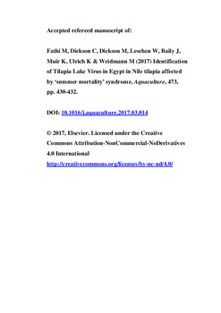 Identification of Tilapia Lake Virus in Egypt in Nile tilapia affected by 'summer mortality' syndrome Identification of Tilapia Lake Virus in Egypt in Nile tilapia affected by 'summer mortality' syndrome