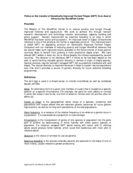 Policy on the transfer of genetically improved Farm Tilapia (GIFT) from Asia to Africa by the WorldFish Center Policy on the transfer of genetically improved Farm Tilapia (GIFT) from Asia to Africa by the WorldFish Center
