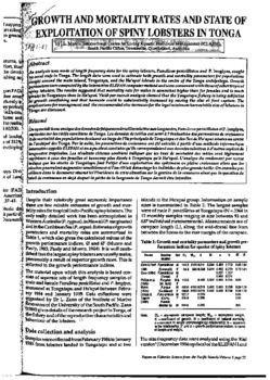 Growth and mortality rates and state of exploitation of spiny lobsters in Tonga (1992)