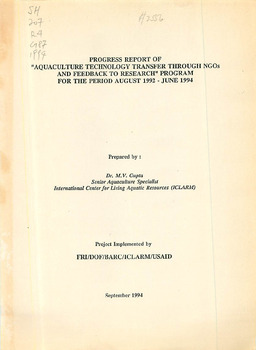 Progress report of aquaculture technology transfer through NGOs and feedback to research program fro the period Aug 1992-Jun 1994 Progress report of aquaculture technology transfer through NGOs and feedback to research program fro the period Aug 1992-Jun 1994