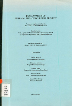 Development of sustainable aquaculture project: progress report (1 July 2001 - 30 Sept 2001) Development of sustainable aquaculture project: progress report (1 July 2001 - 30 Sept 2001)