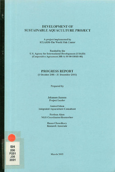 Development of sustainable aquaculture project: progress report (1 October 2001 - 31 December 2001) Development of sustainable aquaculture project: progress report (1 October 2001 - 31 December 2001)