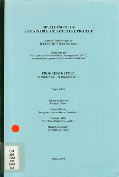 Development of sustainable aquaculture project: progress report (1 January 2002 - 31 March 2002) Development of sustainable aquaculture project: progress report (1 January 2002 - 31 March 2002)