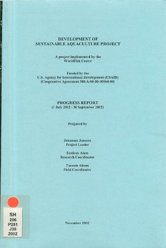 Development of sustainable aquaculture project: progress report (1 July 2002 - 30 September 2002) Development of sustainable aquaculture project: progress report (1 July 2002 - 30 September 2002)