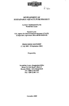 Development of sustainable aquaculture project: progress report (1 April 2003 - 30 June 2003)