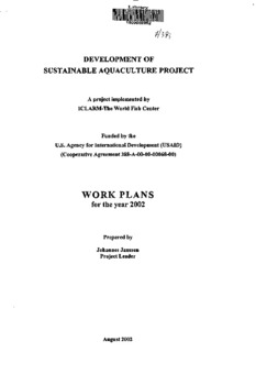 Development of sustainable aquaculture project: work plans for the year 2002 Development of sustainable aquaculture project: work plans for the year 2002