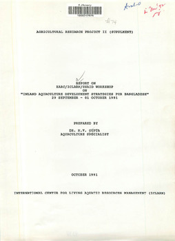 Report on BARC/ICLARM/USAID Workshop on "Inland Aquaculture Development Strategies for Bangladesh", 29 September - 01 October 1991 Report on BARC/ICLARM/USAID Workshop on "Inland Aquaculture Development Strategies for Bangladesh", 29 September - 01 October 1991