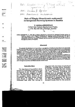 Role of tilapia (Oreochromis andersonii) in integrated farming systems in Zambia Role of tilapia (Oreochromis andersonii) in integrated farming systems in Zambia