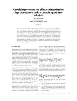 Genetic improvement and effective dissemination: keys to prosperous and sustainable aquaculture industries Genetic improvement and effective dissemination: keys to prosperous and sustainable aquaculture industries