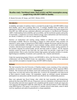 Baseline study: nutritional status, food security and fish consumption among people living with HIV/AIDS in Zambia: summary Baseline study: nutritional status, food security and fish consumption among people living with HIV/AIDS in Zambia: summary