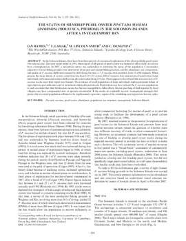 The Status of silverlip pearl oyster Pinctada maxima (Jameson) (Mollusca, Pteridae) in the Solomon Islands after a 15-year export ban