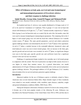 Effect of Echinacea on body gain, survival and some hematological and immunological parameters of Oreochrmis niloticus and their response to challenge infection Effect of Echinacea on body gain, survival and some hematological and immunological parameters of Oreochrmis niloticus and their response to challenge infection