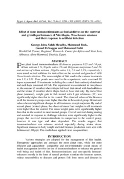 Effect of some immunostimulants as feed additives on the survival and growth performance of Nile tilapia, Oreochromis niloticus and their response to artificial infection Effect of some immunostimulants as feed additives on the survival and growth performance of Nile tilapia, Oreochromis niloticus and their response to artificial infection
