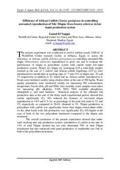 Efficiency of African catfish Clarias gariepinus in controlling unwanted reproduction of Nile tilapia Oreochromis niloticus in low input production system Efficiency of African catfish Clarias gariepinus in controlling unwanted reproduction of Nile tilapia Oreochromis niloticus in low input production system