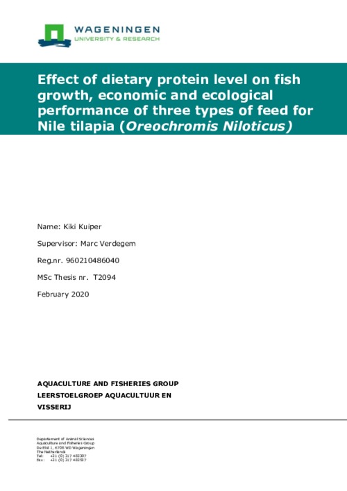 Effect of dietary protein level on fish growth, economic and ecological performance of three types of feed for Nile tilapia (Oreochromis Niloticus)