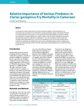 Relative Importance of Various Predators in Clarias gariepinus Fry Mortality in Cameroon Relative Importance of Various Predators in Clarias gariepinus Fry Mortality in Cameroon