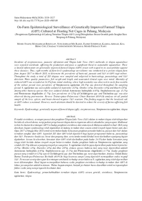 On-farm epidemiological surveillance of genetically improved farmed tilapia (GIFT) cultured at floating net cages in Pahang, Malaysia