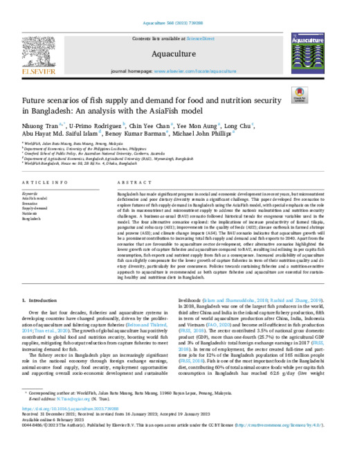 Future scenarios of fish supply and demand for food and nutrition security in Bangladesh: An analysis with the AsiaFish model Future scenarios of fish supply and demand for food and nutrition security in Bangladesh: An analysis with the AsiaFish model